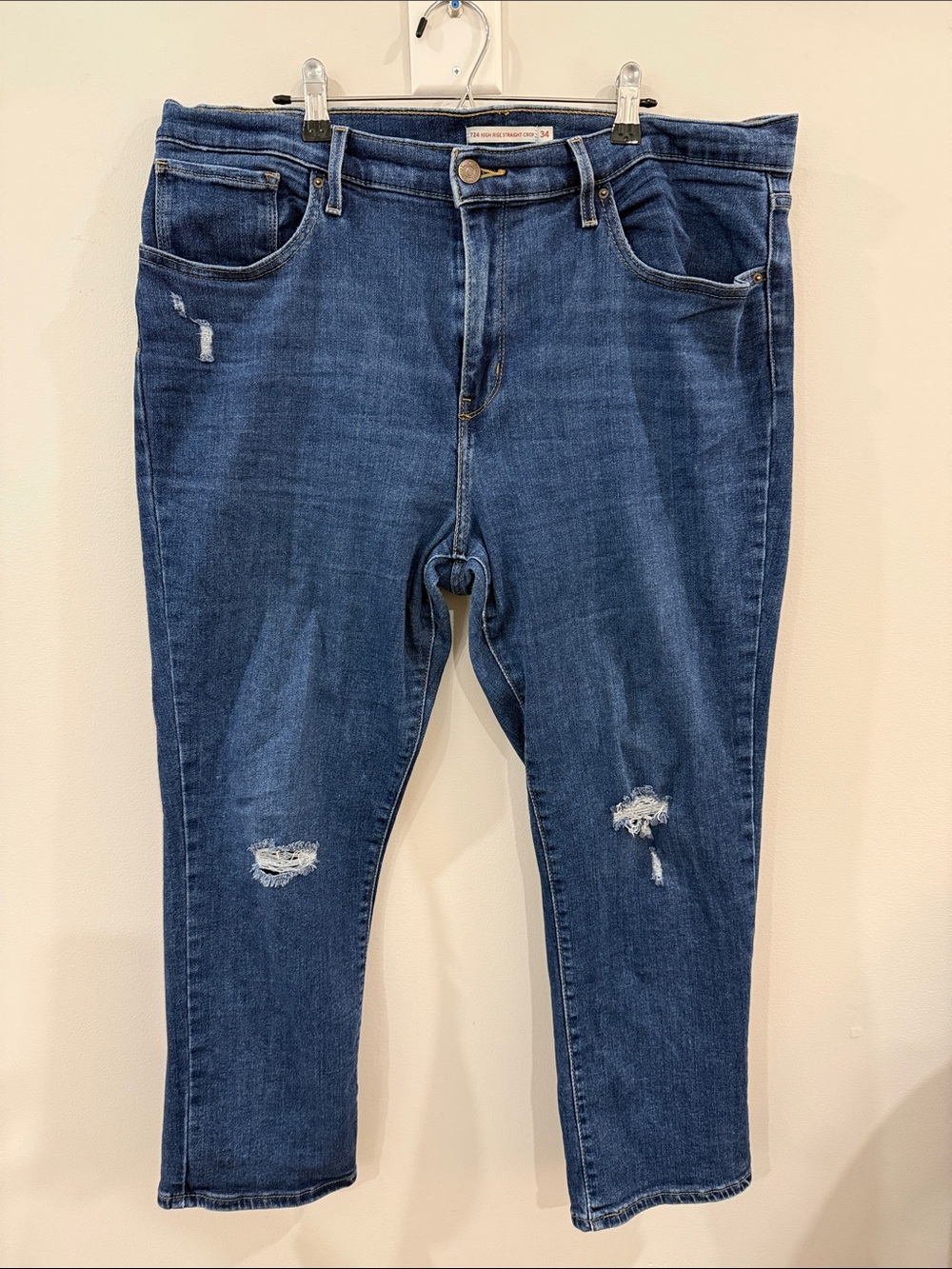 Levi's Women's Straight Leg Cropped Jeans in Dark Blue with Distressed Details